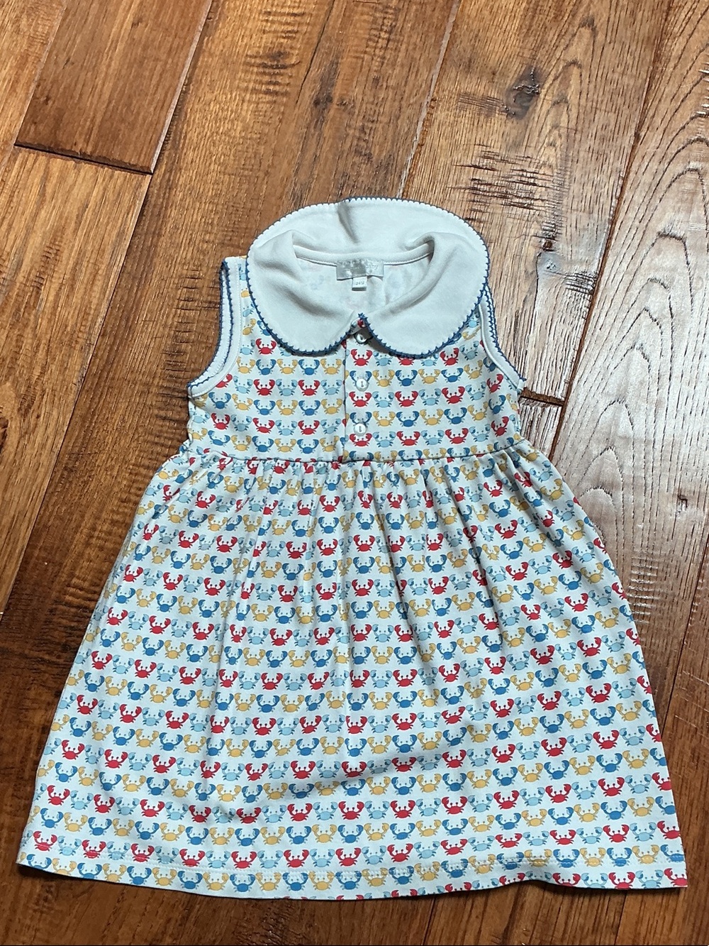 Sleeveless White Cotton Dress with Multi-Color Crab Print and Peter Pan Collar